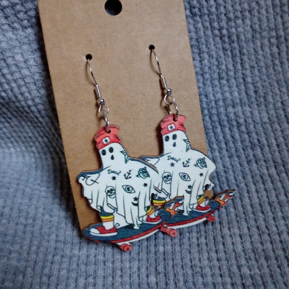 Wooden Skateboarding Ghost earrings